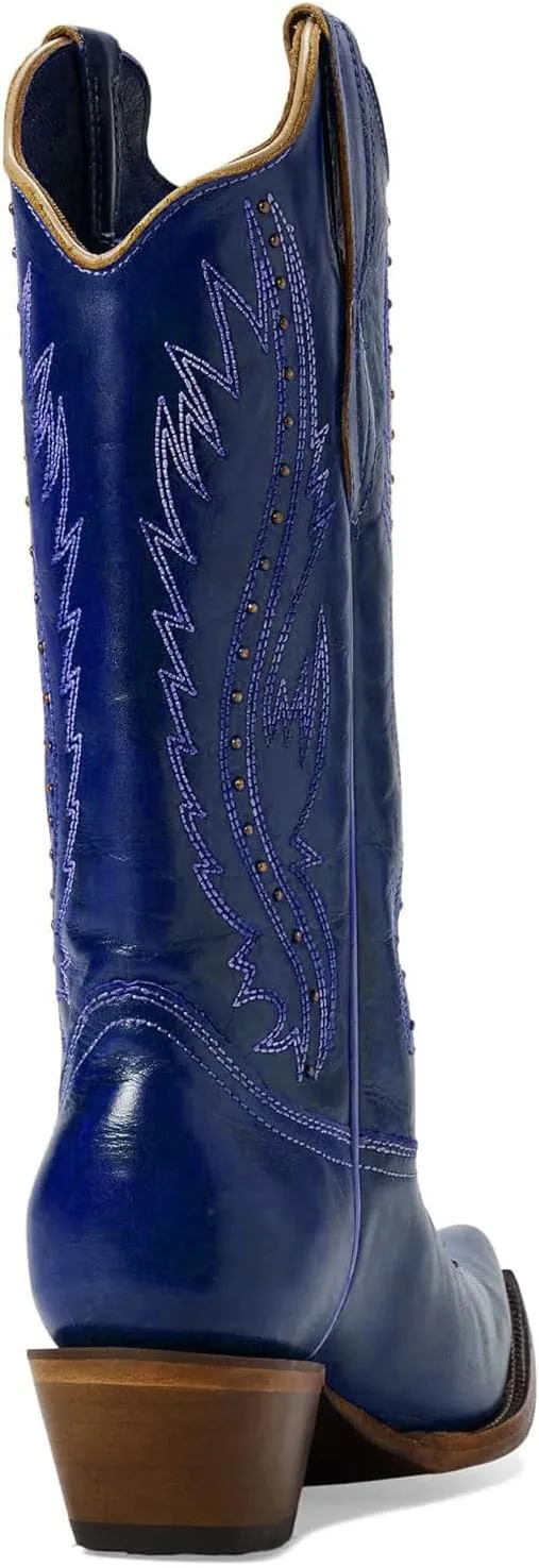 Women's Vintage Embroidered Rivet Block Heel Cowgirl Mid Calf Western Boots Fashion Studded Square Toe Pull On Chunky Heel Cowboy Knee High Boots for Women