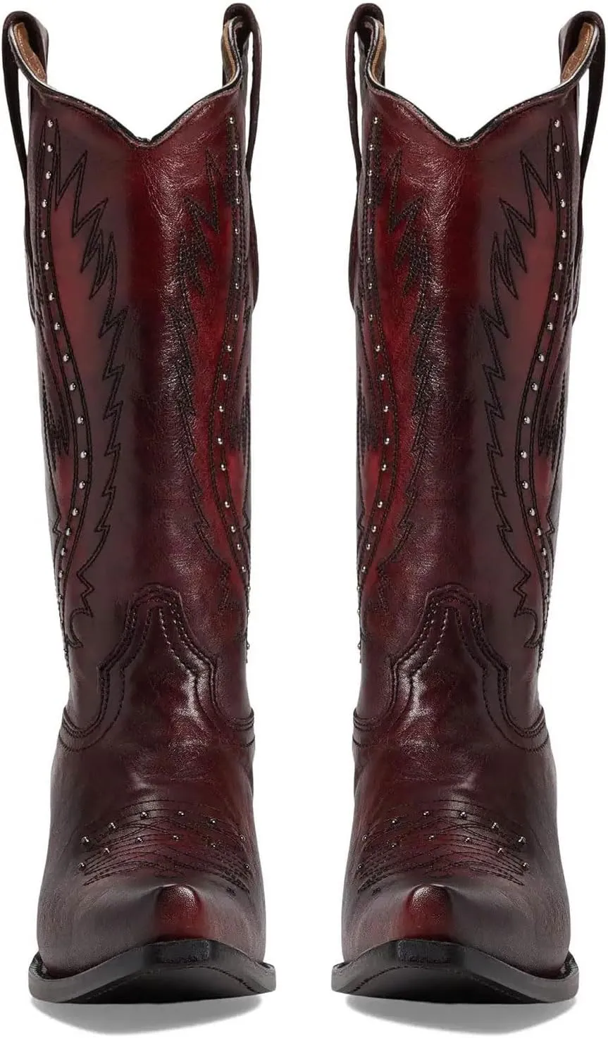 Women's Vintage Embroidered Rivet Block Heel Cowgirl Mid Calf Western Boots Fashion Studded Square Toe Pull On Chunky Heel Cowboy Knee High Boots for Women