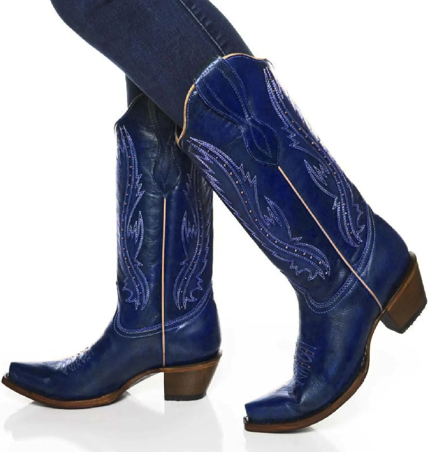 Women's Vintage Embroidered Rivet Block Heel Cowgirl Mid Calf Western Boots Fashion Studded Square Toe Pull On Chunky Heel Cowboy Knee High Boots for Women