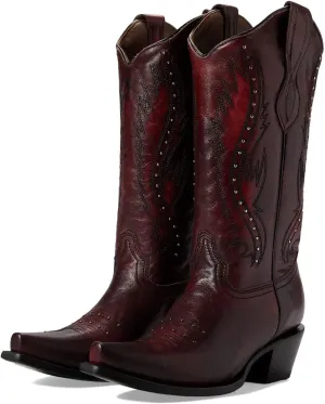 Women's Vintage Embroidered Rivet Block Heel Cowgirl Mid Calf Western Boots Fashion Studded Square Toe Pull On Chunky Heel Cowboy Knee High Boots for Women
