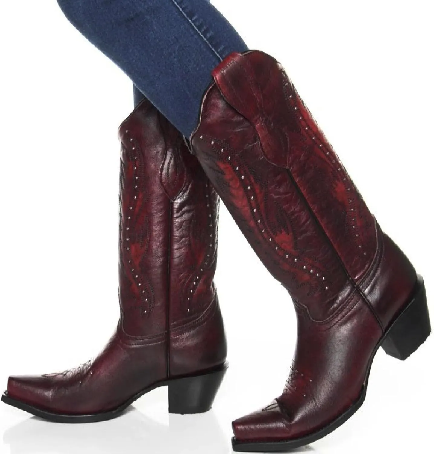 Women's Vintage Embroidered Rivet Block Heel Cowgirl Mid Calf Western Boots Fashion Studded Square Toe Pull On Chunky Heel Cowboy Knee High Boots for Women