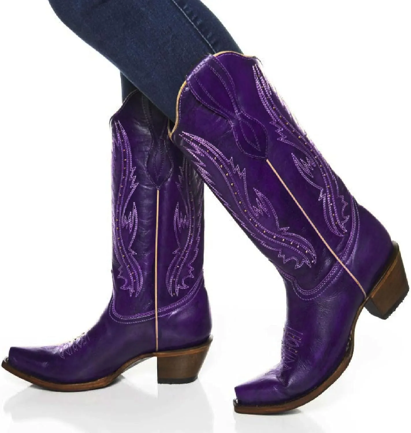 Women's Vintage Embroidered Rivet Block Heel Cowgirl Mid Calf Western Boots Fashion Studded Square Toe Pull On Chunky Heel Cowboy Knee High Boots for Women