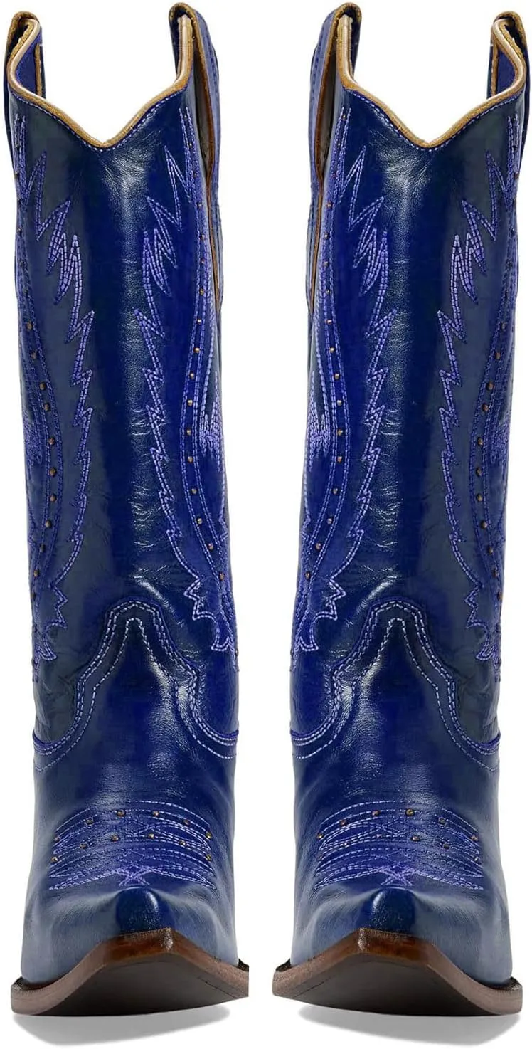 Women's Vintage Embroidered Rivet Block Heel Cowgirl Mid Calf Western Boots Fashion Studded Square Toe Pull On Chunky Heel Cowboy Knee High Boots for Women