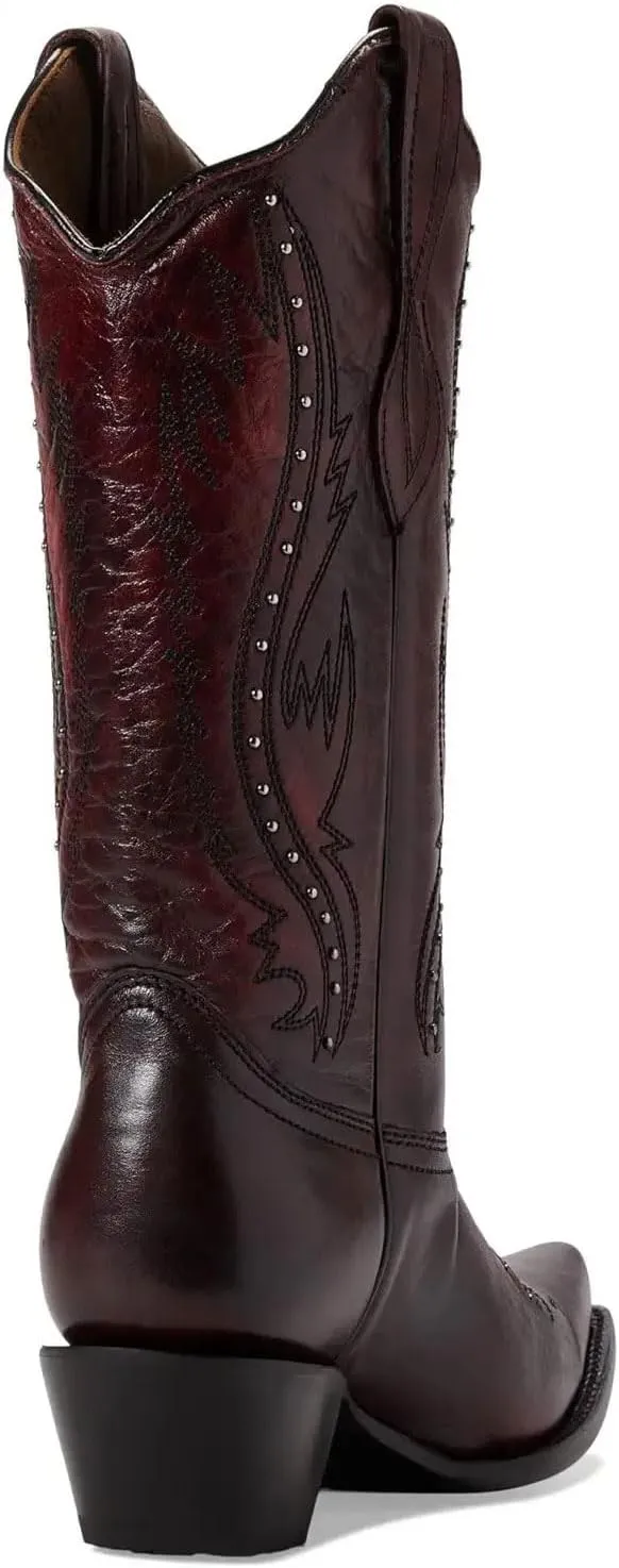 Women's Vintage Embroidered Rivet Block Heel Cowgirl Mid Calf Western Boots Fashion Studded Square Toe Pull On Chunky Heel Cowboy Knee High Boots for Women