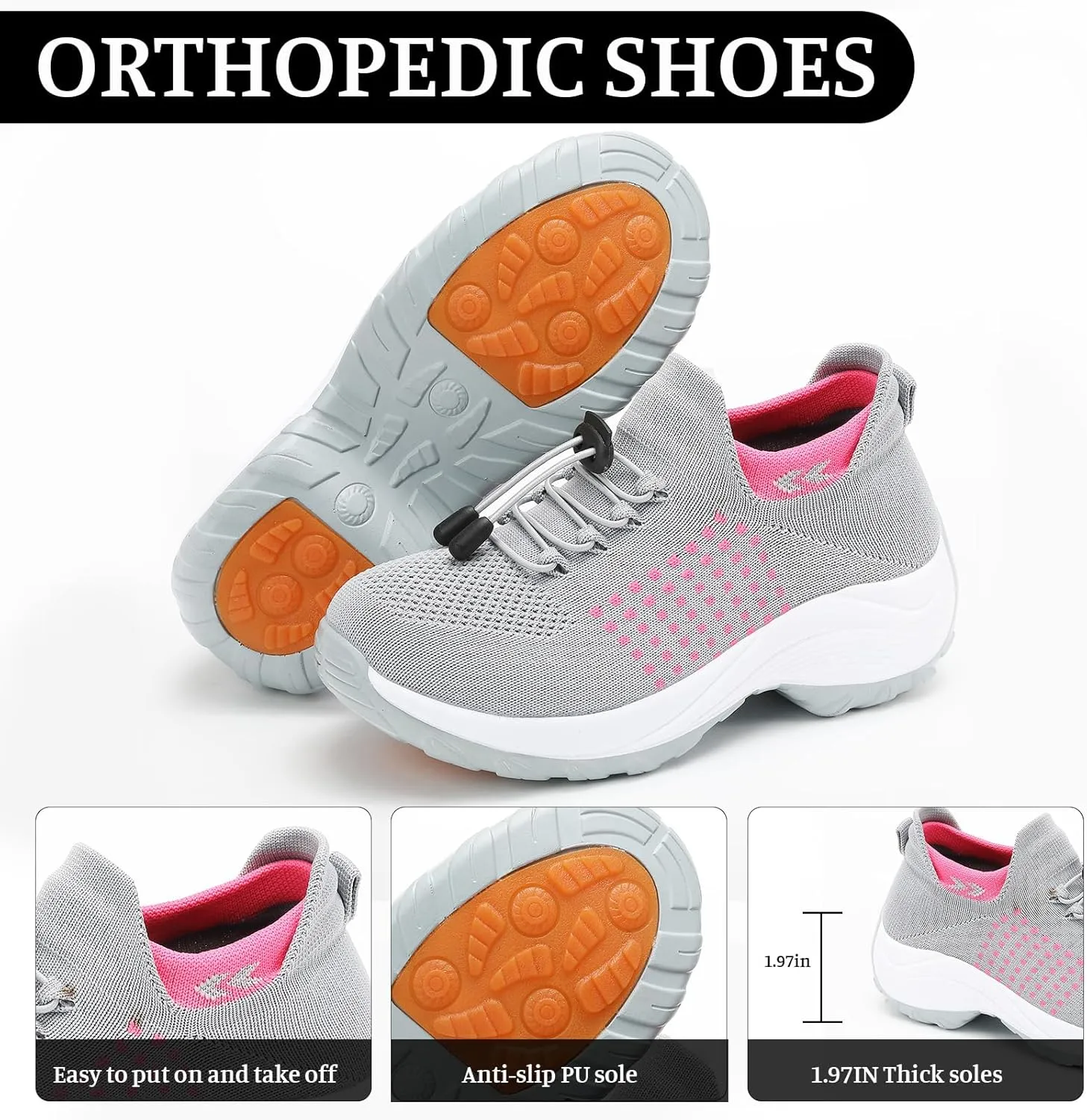 Womens Walking Shoes Sneakers with Arch Support Orthopedic Comfortable Slip On Trainers for Plantar Fasciitis Air Cushion Breathable Lightweight Ladies Athletic Shoe Thick Bottom