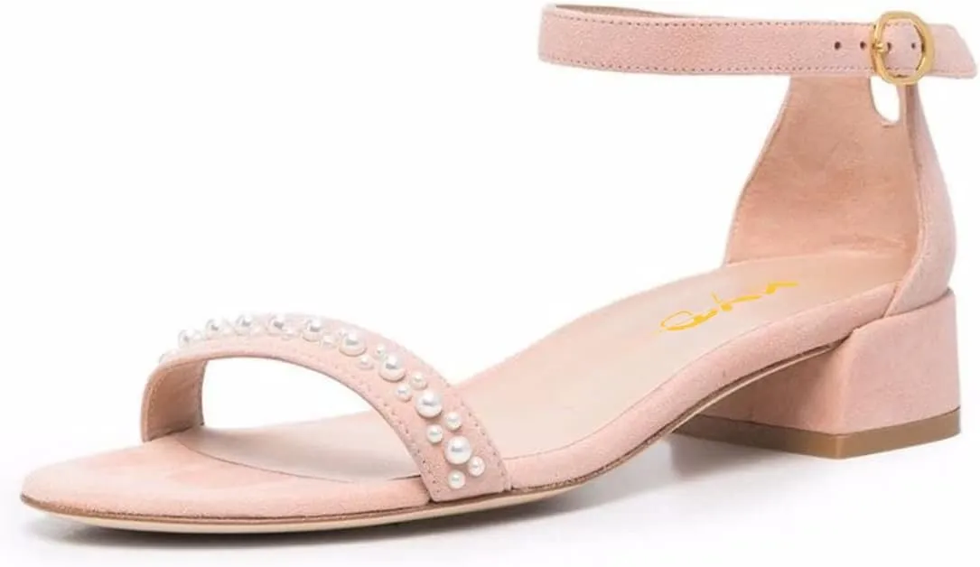 XYD Women Pearls Open Toe Strappy Low Block Heel Sandal Flats Ankle Strap with Buckle Wedding Bridal Dress Shoes