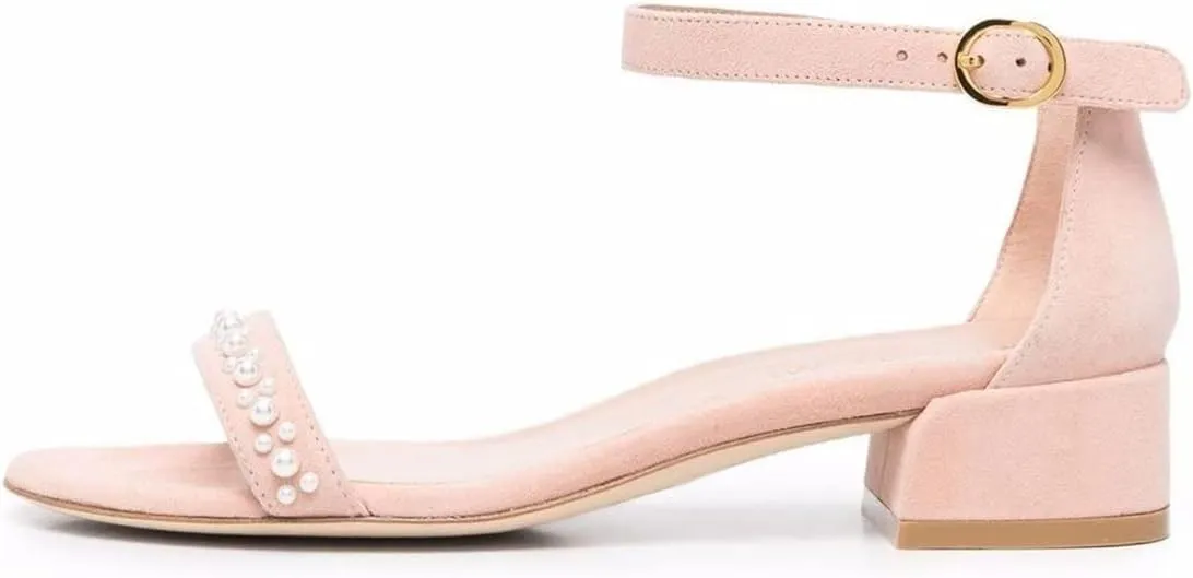 XYD Women Pearls Open Toe Strappy Low Block Heel Sandal Flats Ankle Strap with Buckle Wedding Bridal Dress Shoes